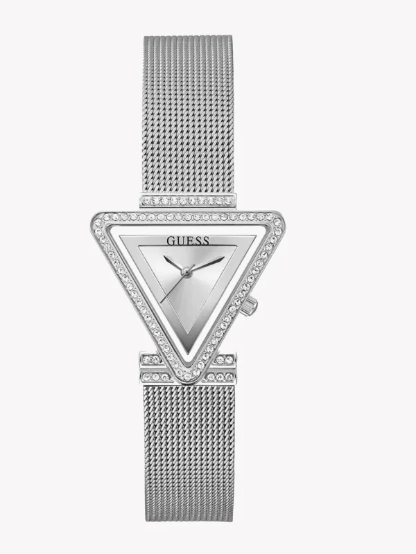 Montre Guess GW0508L1 Fame femme, boîtier triangle argenté serti de cristaux et bracelet en maille milanaise