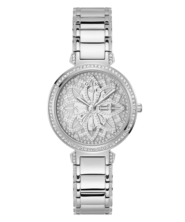 Montre Guess GW0528L1 Lily Femme – vue de face Montre Guess GW0528L1 Lily femme au cadran fleur argenté pavé de strass et bracelet en acier argenté