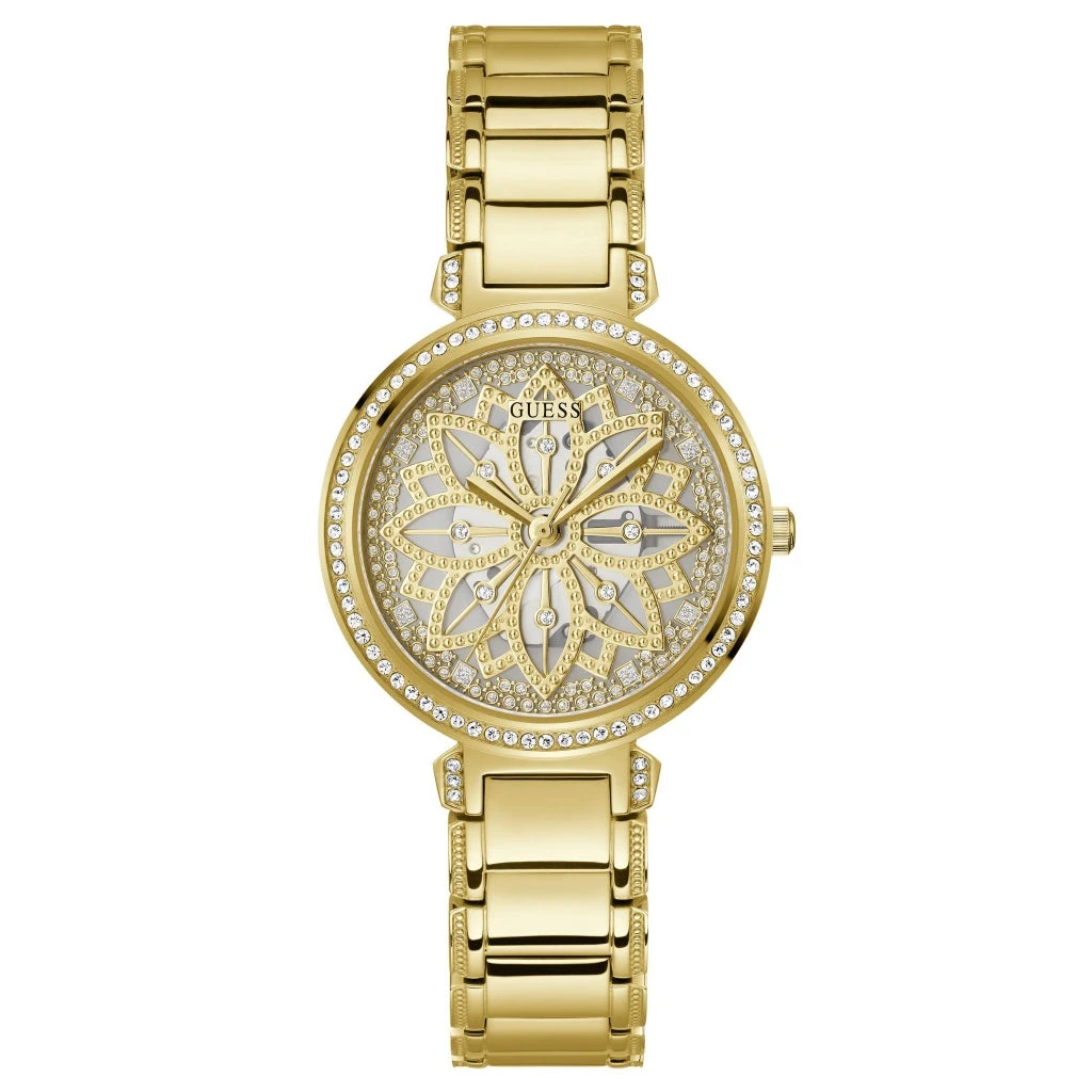 Montre Guess GW0528L2 Lily Femme – vue de face Montre Guess GW0528L2 Lily femme au cadran fleur doré pavé de strass et bracelet en acier doré