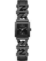Montre Guess GW0603L3 vue de face avec cadran carré noir et cristaux