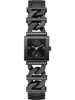 Montre Guess GW0603L3 vue de face avec cadran carré noir et cristaux