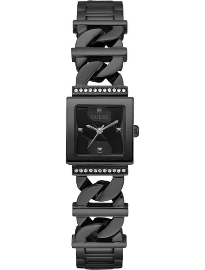 montre-guess-gw0603l3-face-noire Montre Guess GW0603L3 vue de face avec cadran carré noir et cristaux