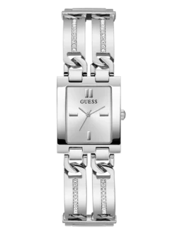 Montre Guess GW0668L1 de face avec cadran carré argenté et cristaux