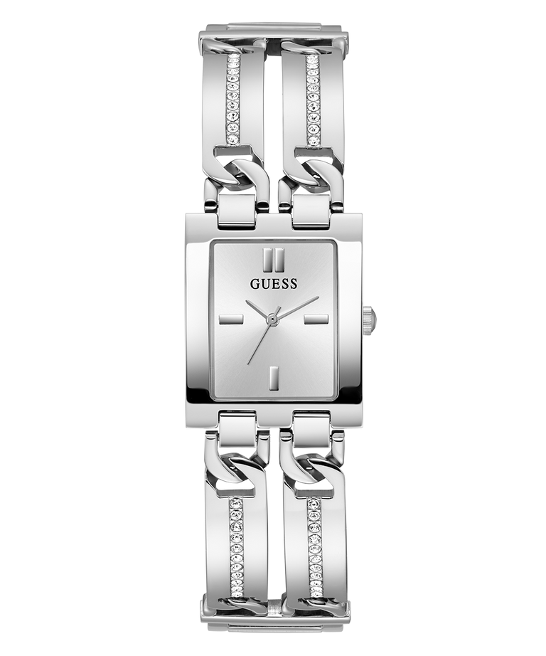 montre-guess-gw0668l1-face-cadran-carre Montre Guess GW0668L1 de face avec cadran carré argenté et cristaux