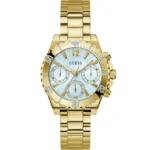 Montre Guess GW0696L2 Phoebe femme vue de face, cadran bleu clair à trois compteurs et bracelet en acier doré