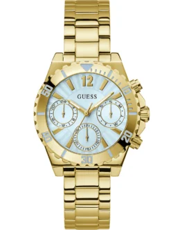 Montre Guess GW0696L2 Phoebe femme vue de face, cadran bleu clair à trois compteurs et bracelet en acier doré