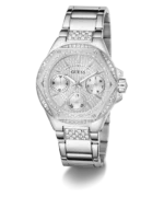 Vue en angle de la montre Guess GW0878L1 argentée mettant en valeur les cristaux sur le boîtier et le bracelet