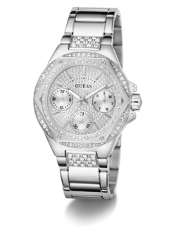 Vue en angle de la montre Guess GW0878L1 argentée mettant en valeur les cristaux sur le boîtier et le bracelet