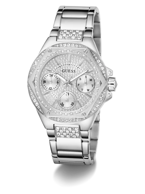 Vue en angle de la montre Guess GW0878L1 argentée mettant en valeur les cristaux sur le boîtier et le bracelet