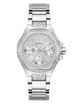 Montre Guess GW0878L1 de face avec cadran argenté multifonction et lunette sertie de cristaux