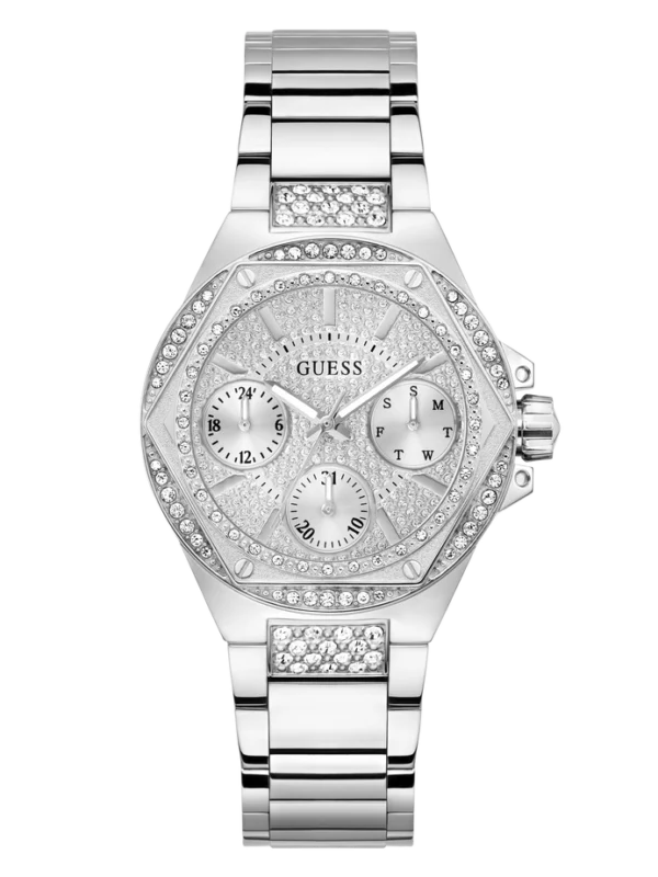 Montre Guess GW0878L1 de face avec cadran argenté multifonction et lunette sertie de cristaux