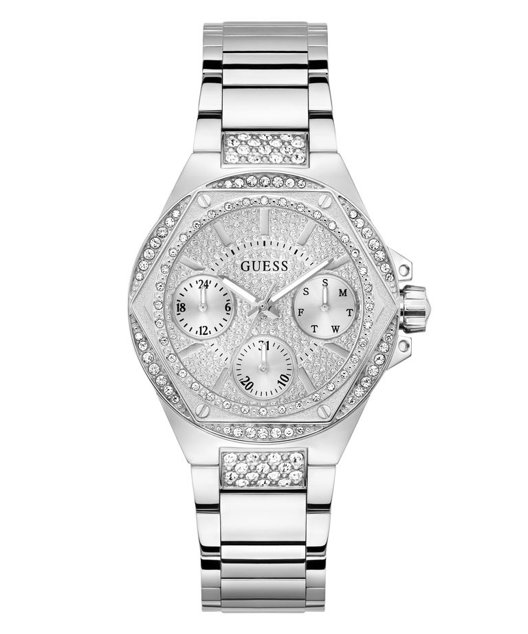 montre-guess-gw0878l1-face-argentee-cristaux Montre Guess GW0878L1 de face avec cadran argenté multifonction et lunette sertie de cristaux