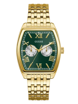 Montre Guess GW0975G2 de face avec cadran vert, chiffres romains et boîtier rectangulaire doré