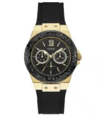 Montre Guess W1053L7 Limelight femme au cadran noir, boîtier doré et bracelet en silicone noir