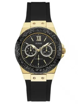 Montre Guess W1053L7 Limelight femme au cadran noir, boîtier doré et bracelet en silicone noir