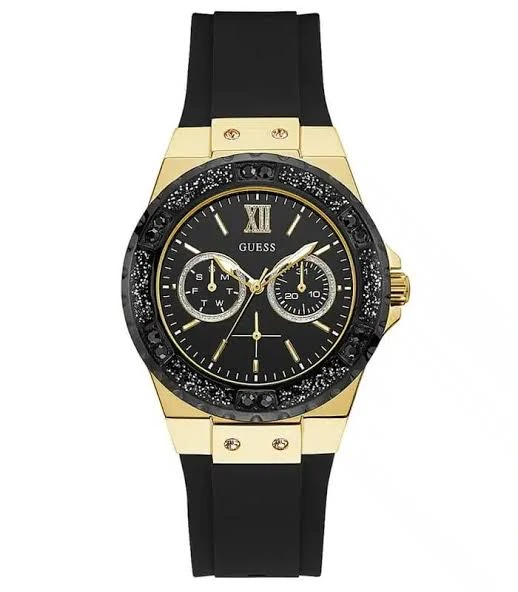 Montre Guess W1053L7 Limelight Femme – vue de face Montre Guess W1053L7 Limelight femme au cadran noir, boîtier doré et bracelet en silicone noir