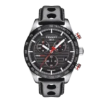 Montre chronographe homme Tissot PRS 516 T1004171605100 avec cadran noir et bracelet cuir perforé style rallye