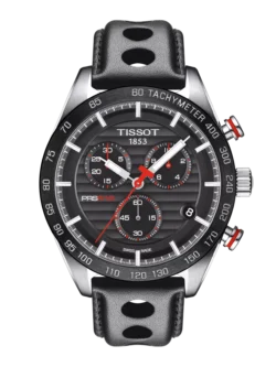 Montre chronographe homme Tissot PRS 516 T1004171605100 avec cadran noir et bracelet cuir perforé style rallye