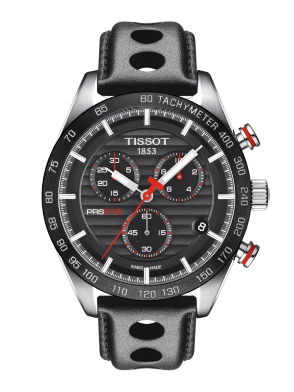 Montre chronographe homme Tissot PRS 516 T1004171605100 avec cadran noir et bracelet cuir perforé style rallye