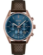 Montre Hugo Boss 1513817 de face avec cadran bleu soleillé, tachymètre et boîtier or rose