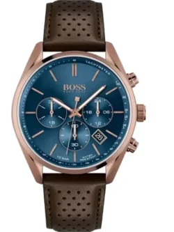 Montre Hugo Boss 1513817 de face avec cadran bleu soleillé, tachymètre et boîtier or rose