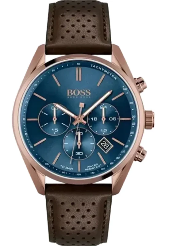 Montre Hugo Boss 1513817 de face avec cadran bleu soleillé, tachymètre et boîtier or rose