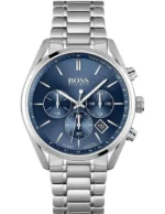 Montre Hugo Boss 1513818 Champion vue de face, cadran bleu, trois sous-cadrans et bracelet en acier argenté