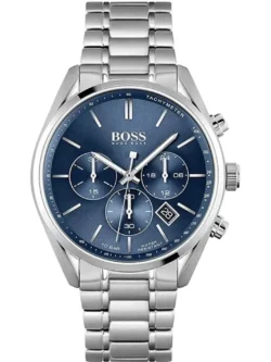 Montre Hugo Boss 1513818 Champion vue de face, cadran bleu, trois sous-cadrans et bracelet en acier argenté