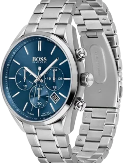 Montre Hugo Boss 1513818 Champion vue de côté avec couronne, poussoirs et boucle déployante ouverte