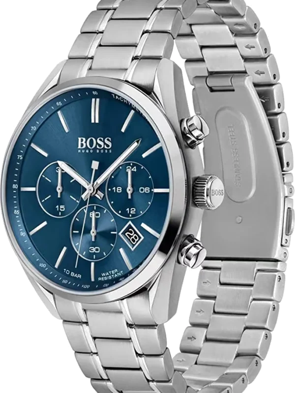 Montre Hugo Boss 1513818 Champion vue de côté avec couronne, poussoirs et boucle déployante ouverte