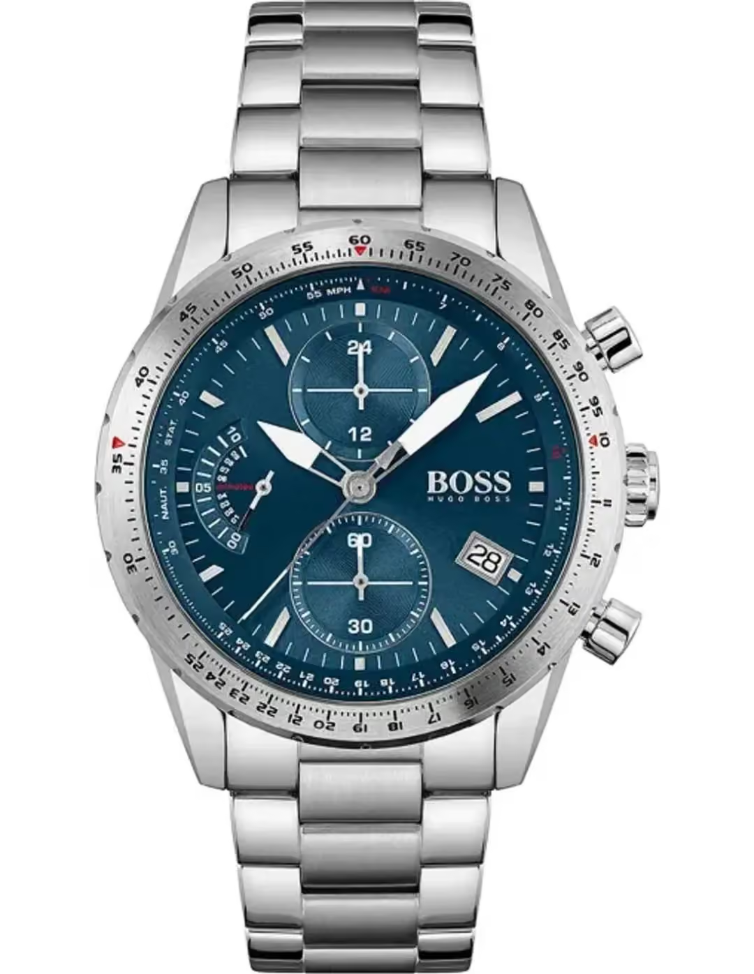 Montre Hugo Boss 1513850 Pilot Edition Chrono Homme – vue de face Montre Hugo Boss 1513850 Pilot Edition Chrono homme, cadran bleu, lunette tachymètre et bracelet en acier