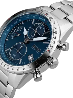 Vue en biais de la montre Hugo Boss 1513850 : cadran bleu, compteurs, lunette graduée et poussoirs
