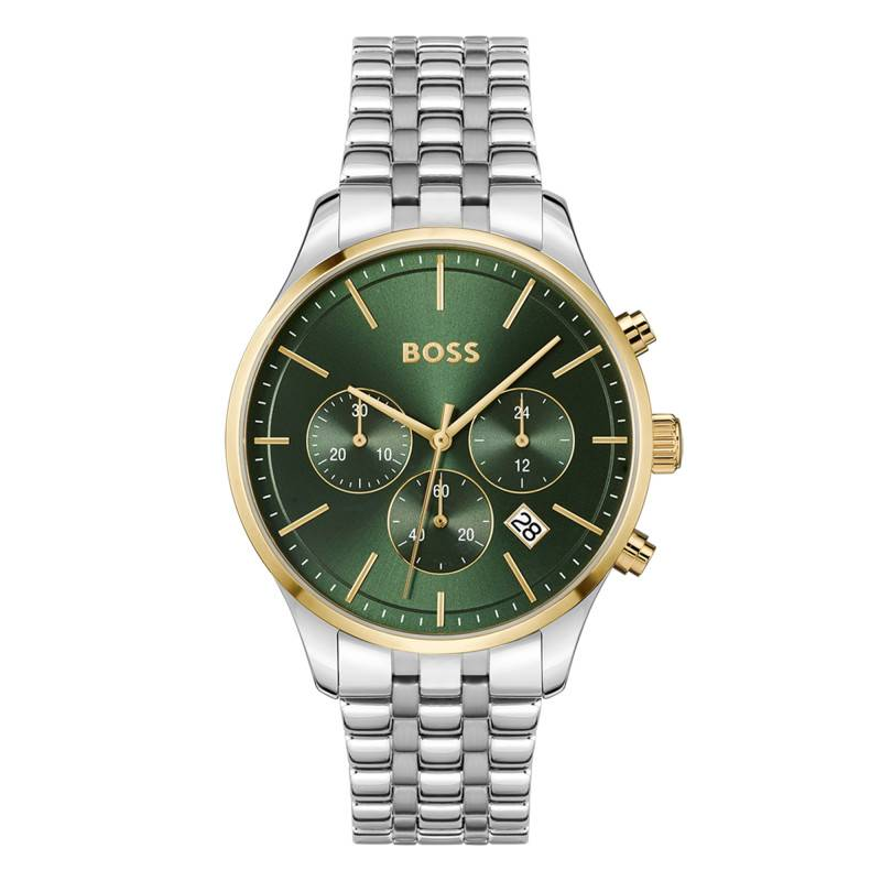 montre-hugo-boss-1514159-face-cadran-vert-bicolore Montre Hugo Boss 1514159 pour Homme – Chronographe Bicolore Acier, Or et Cadran Vert