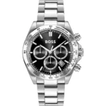 Montre Hugo Boss 1514267 Hero 2.0 vue de face, cadran noir, lunette tachymètre argentée et bracelet acier