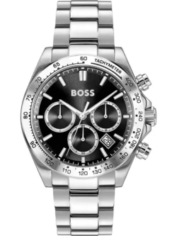 Montre Hugo Boss 1514267 Hero 2.0 vue de face, cadran noir, lunette tachymètre argentée et bracelet acier