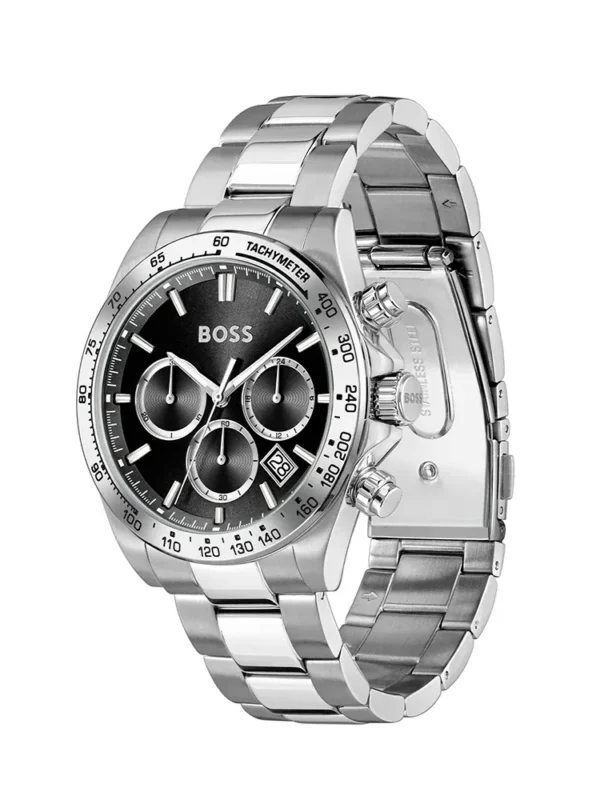 Montre Hugo Boss 1514267 Hero 2.0 vue de côté avec couronne, poussoirs et boucle déployante du bracelet