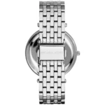 Montre Michael Kors MK3352 Darci femme vue de dos, boucle déployante gravée Michael Kors et bracelet acier