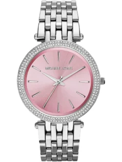 Montre Michael Kors MK3352 Darci femme vue de face, cadran rose soleillé et lunette sertie de cristaux