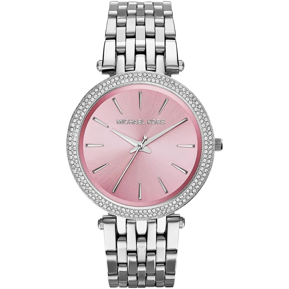 Montre Michael Kors MK3352 Darci Femme – vue de face Montre Michael Kors MK3352 Darci femme vue de face, cadran rose soleillé et lunette sertie de cristaux