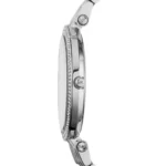 Montre Michael Kors MK3352 Darci femme vue de profil, boîtier fin en acier argenté et couronne logo MK