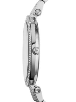 Montre Michael Kors MK3352 Darci femme vue de profil, boîtier fin en acier argenté et couronne logo MK