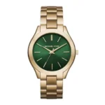 Montre Michael Kors MK3435 Slim Runway femme au cadran vert et boîtier en acier doré