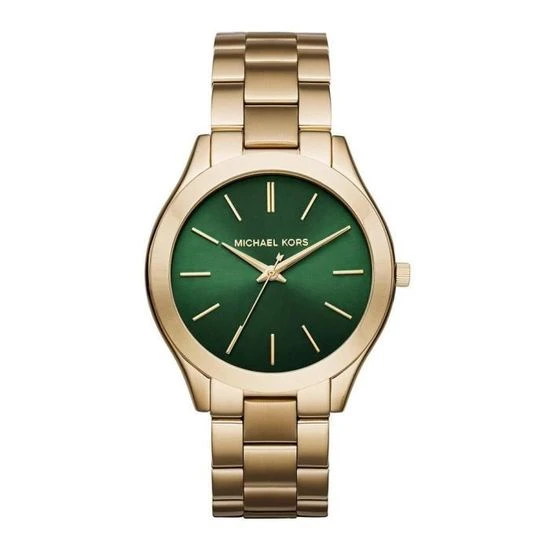 Montre Michael Kors MK3435 Slim Runway Femme – vue de face Montre Michael Kors MK3435 Slim Runway femme au cadran vert et boîtier en acier doré