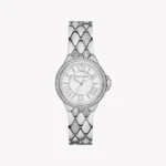 Montre Michael Kors MK4804 Camille femme vue de face, cadran argenté à chiffres romains et bracelet acier matelassé