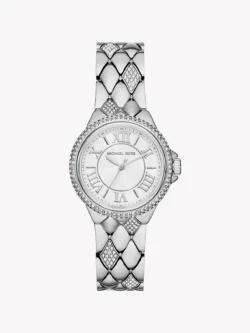 Montre Michael Kors MK4804 Camille femme vue de face, cadran argenté à chiffres romains et bracelet acier matelassé