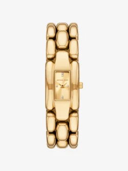Montre Michael Kors MK4921 Mini Hally de face avec boîtier rectangulaire, cadran doré et index en cristaux