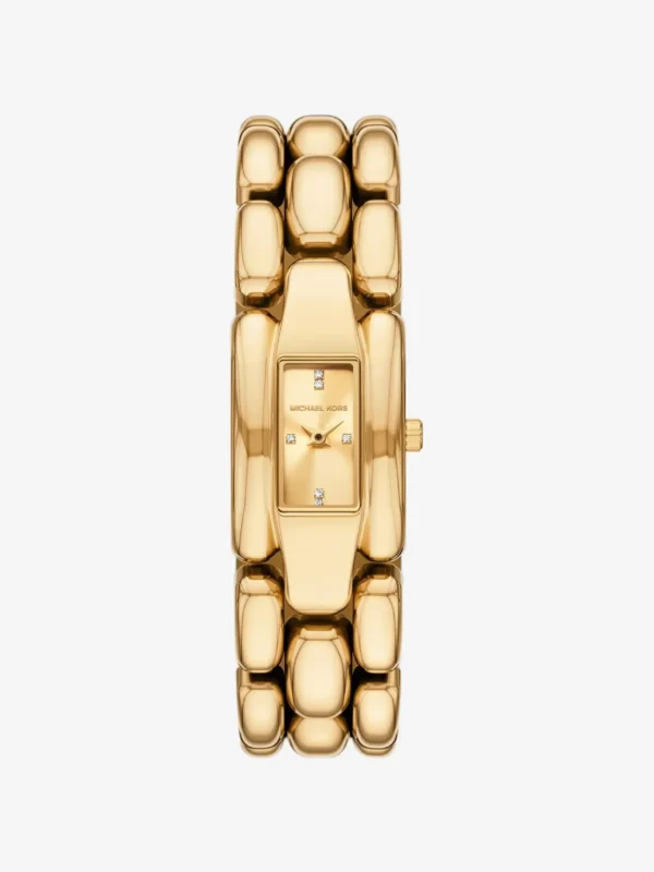 Montre Michael Kors MK4921 Mini Hally de face avec boîtier rectangulaire, cadran doré et index en cristaux