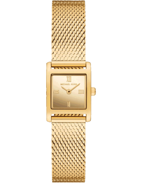 montre-michael-kors-mk4959-face-carree-doree Montre Michael Kors MK4959 de face avec boîtier carré, cadran doré et chiffres romains