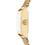 Profil du boîtier en acier doré de la montre Michael Kors MK4959 avec couronne gravée du logo MK