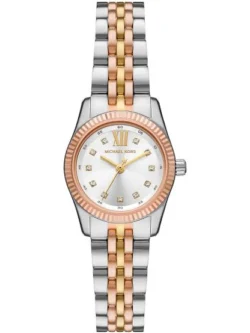 Montre Michael Kors MK4987 vue de face avec cadran argenté, index cristaux et lunette cannelée or rose